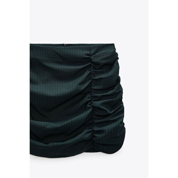 NWT Zara Green & Black Plaid Printed Draped Ruched Mini Skirt, Size Small - Picture 6 of 11